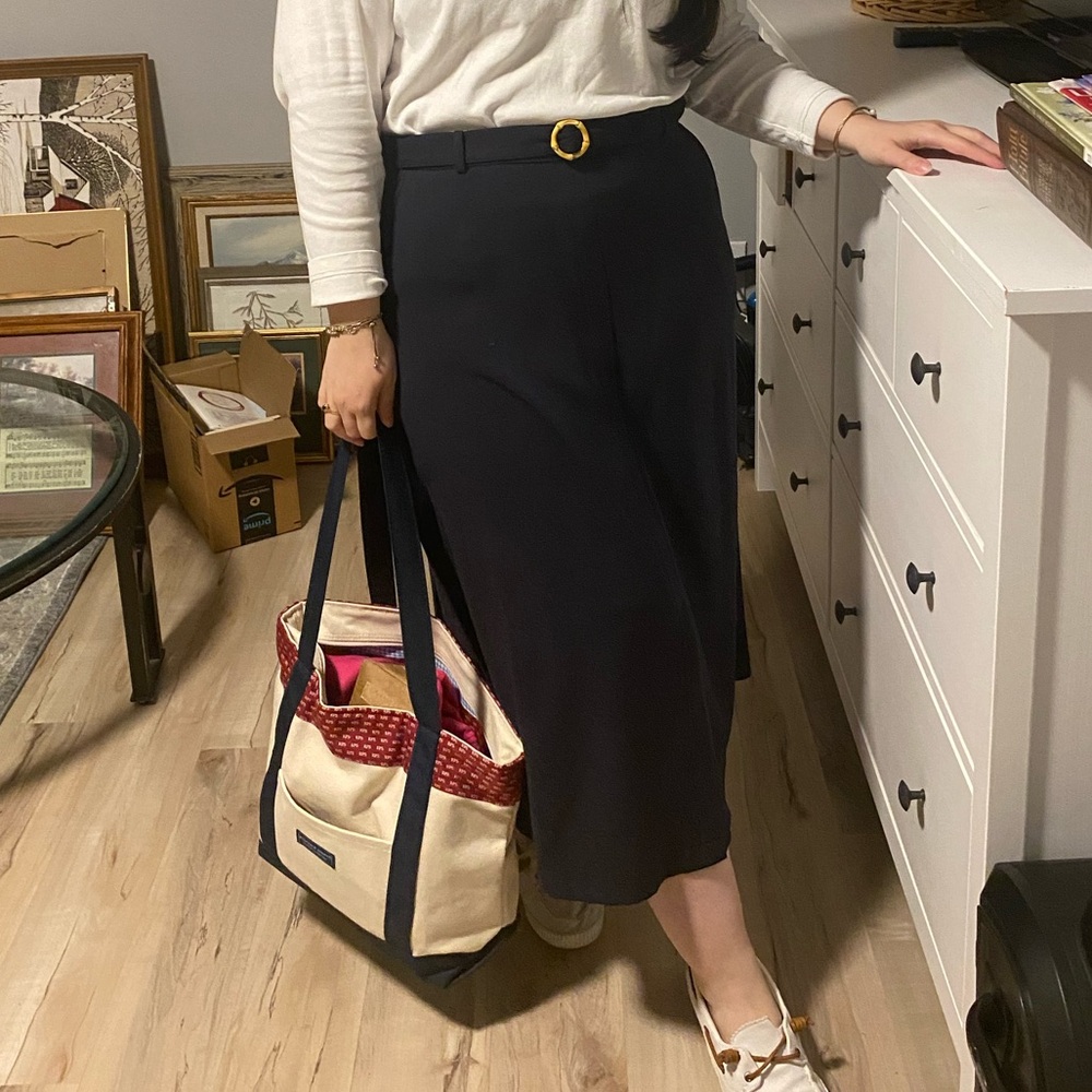 SAG HARBOR WMNS XL Navy Blue Midi A- Line Skirt w/ belt & bamboo buckle